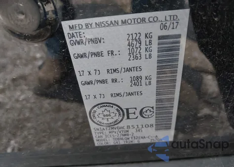 2017 Nissan Rogue S/Sl/Sv из США, поврежденный, VIN 5N1AT2MV6HC851108